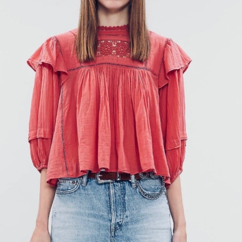 Free People Women's Boho Flora Ruffle Oversized Crochet Top Pink Size S
